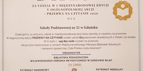 Dyplom dla szkoły za udział w akcji Przerwa na czytanie 2020!