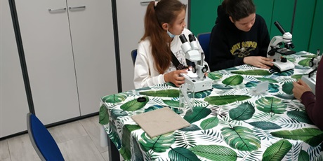 Powiększ grafikę: Uczniowie podczas warsztatów, obserwują preparaty pod mikroskopem.